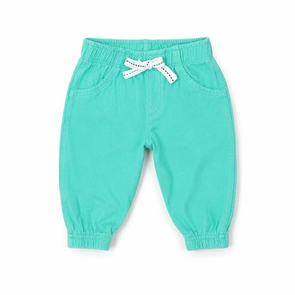 Front view of F&F Baby Green Cotton Jogger Trousers, size 3-6, Months Drawstring