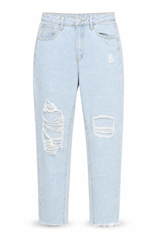 Front view of SHEIN women’s blue cotton boyfriend jeans, size M, 27-inch leg regular button