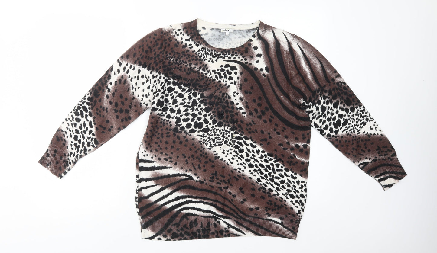 //Text... Womens Brown Crew Neck Animal Print Viscose Pullover Jumper Size XL