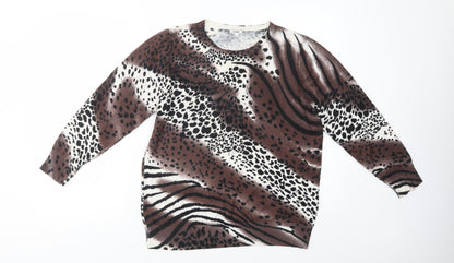 //Text... Womens Brown Crew Neck Animal Print Viscose Pullover Jumper Size XL