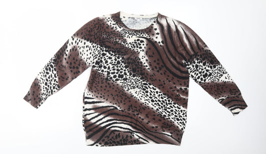 Additional front view of //Text... women’s brown crew neck animal print viscose jumper, size XL