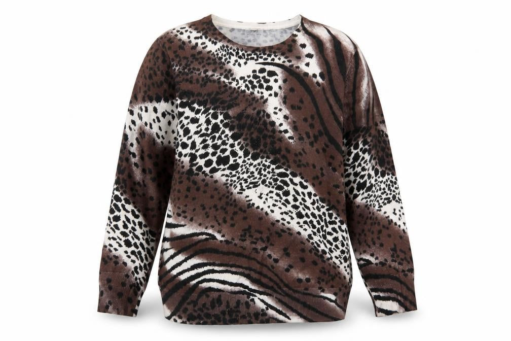 Front view of //Text... women’s brown crew neck animal print viscose jumper, size XL