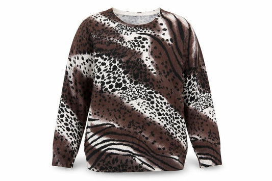 Front view of //Text... women’s brown crew neck animal print viscose jumper, size XL