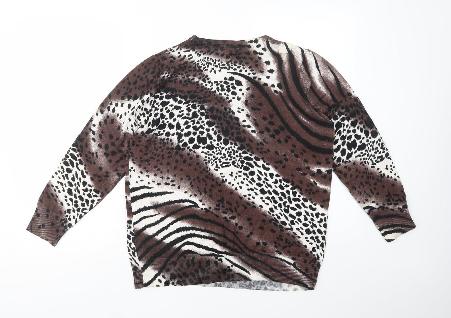 //Text... Womens Brown Crew Neck Animal Print Viscose Pullover Jumper Size XL