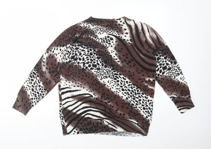 //Text... Womens Brown Crew Neck Animal Print Viscose Pullover Jumper Size XL
