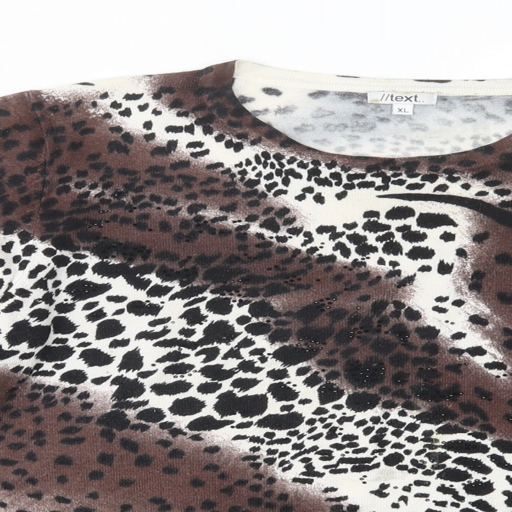 //Text... Womens Brown Crew Neck Animal Print Viscose Pullover Jumper Size XL