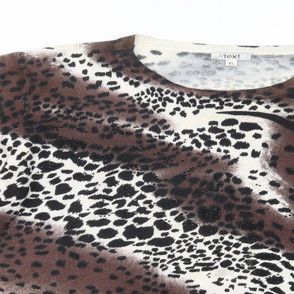 //Text... Womens Brown Crew Neck Animal Print Viscose Pullover Jumper Size XL