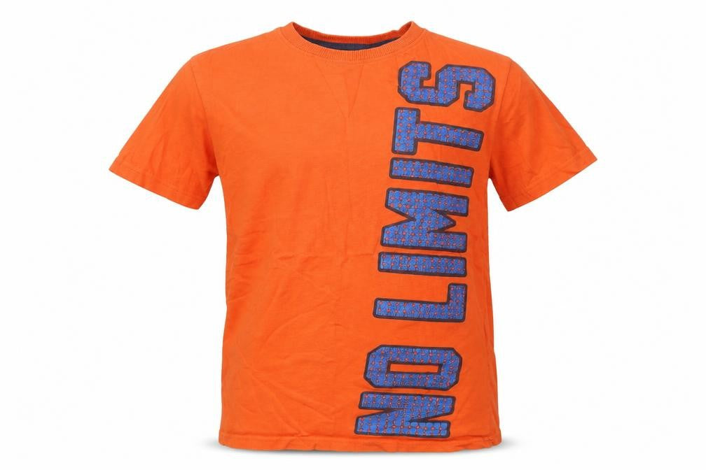 Front view of Dunnes boys’ orange cotton ringer t-shirt, size 12-13, years crew neck pullover - no limits