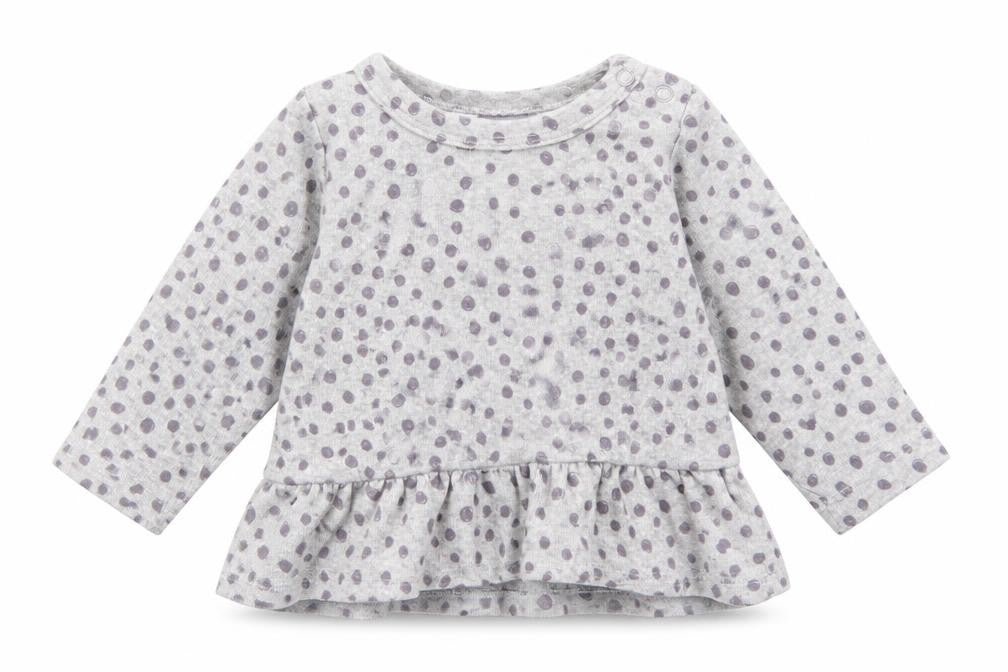 Front view of Lupilu girls’ grey polka dot cotton basic t-shirt, size 3-6, months round neck snap - peplum