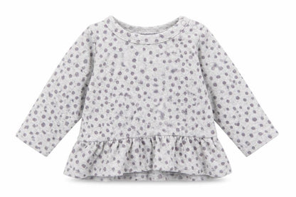 Front view of Lupilu girls’ grey polka dot cotton basic t-shirt, size 3-6, months round neck snap - peplum