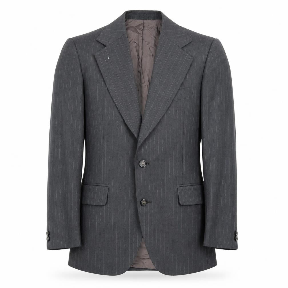 Front view of Smart Alex men’s grey striped polyester jacket blazer, size 36