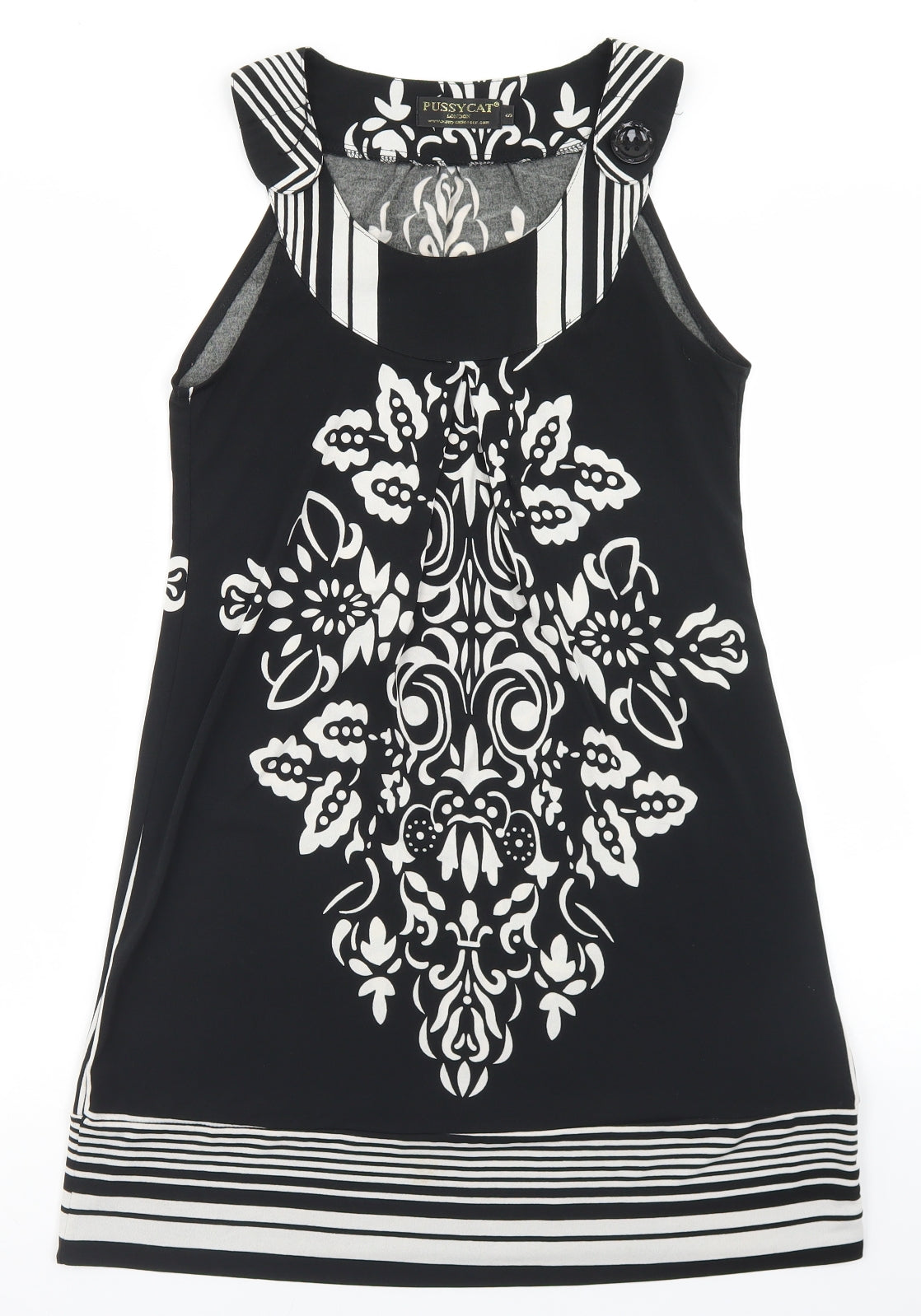Additional front view of PussyCat women’s black polyester tunic blouse, size S, round neck