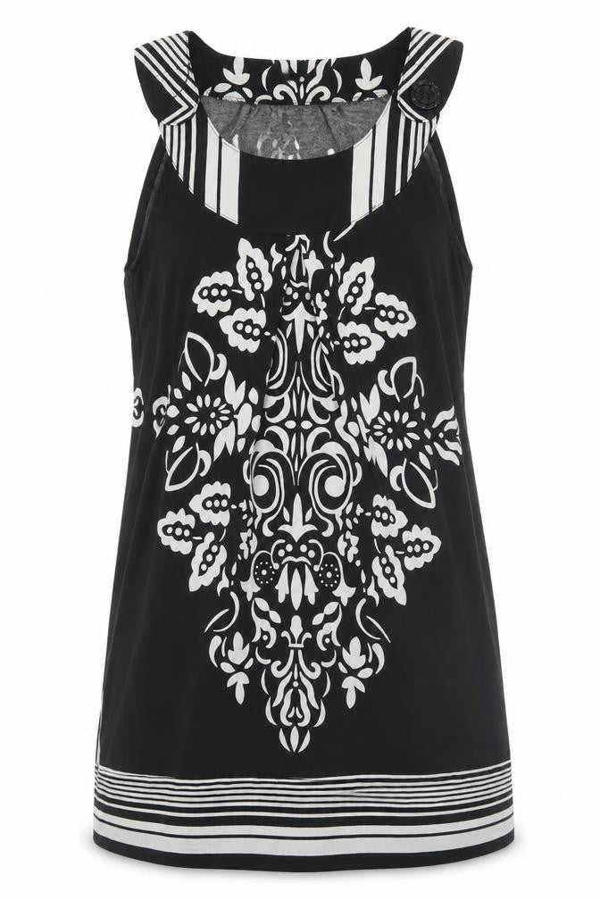 Front view of PussyCat women’s black polyester tunic blouse, size S, round neck