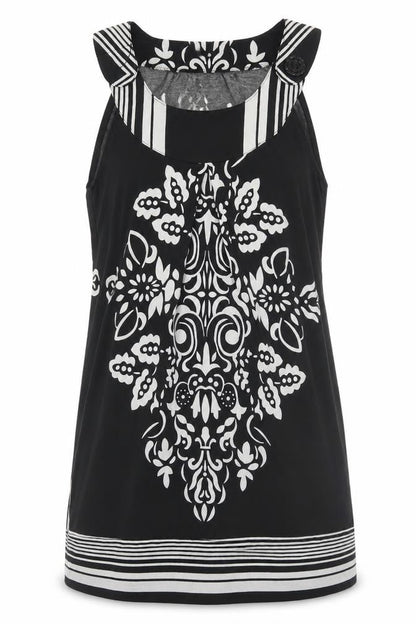 Front view of PussyCat women’s black polyester tunic blouse, size S, round neck