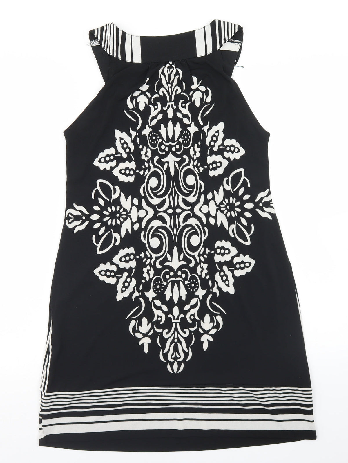 Back view of PussyCat women’s black polyester tunic blouse, size S, round neck