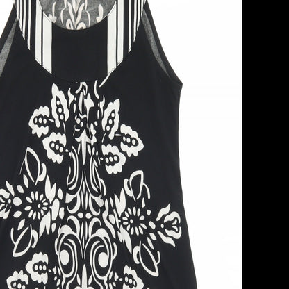 Close-up detail of PussyCat women’s black polyester tunic blouse, size S, round neck