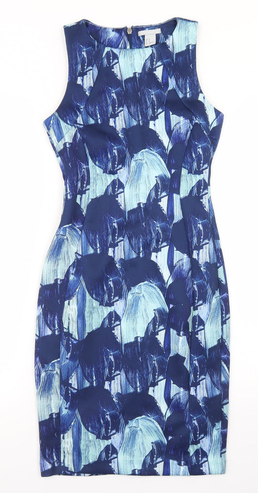 H&M Womens Blue Geometric Polyester Bodycon  Size XS  Round Neck Zip