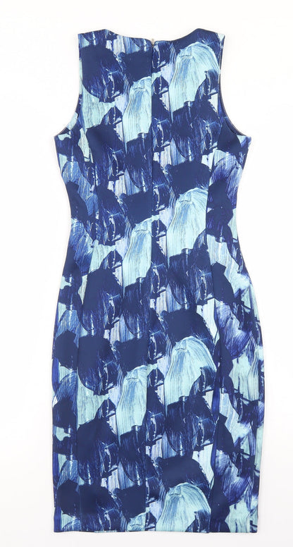 H&M Womens Blue Geometric Polyester Bodycon  Size XS  Round Neck Zip