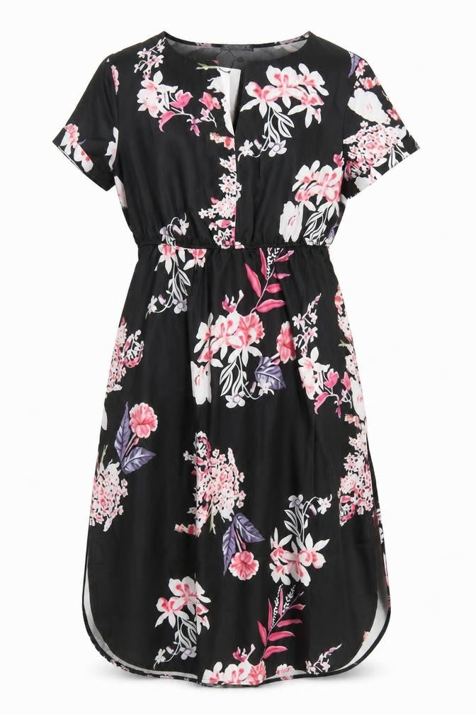 Front view of Sheilay women’s black floral polyester fit & flare, size S, round neck