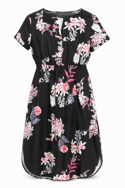 Front view of Sheilay women’s black floral polyester fit & flare, size S, round neck
