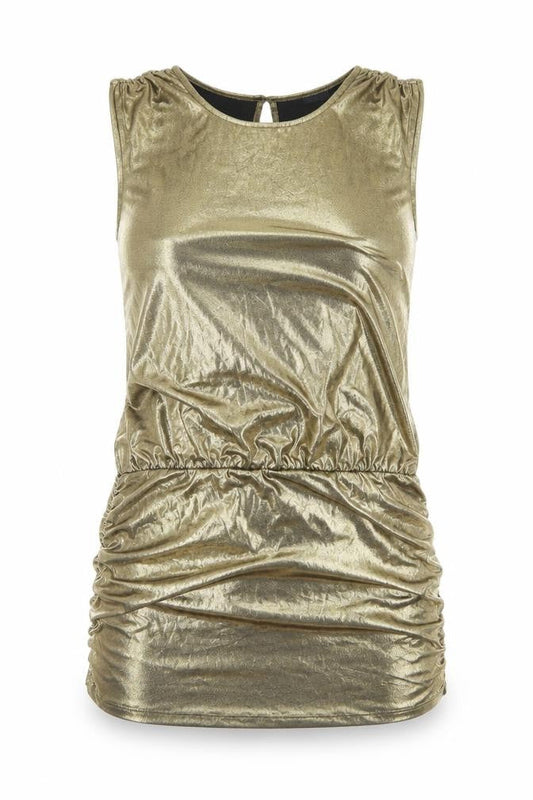 Front view of South women’s gold polyester skater dress, size UK 14, round neck