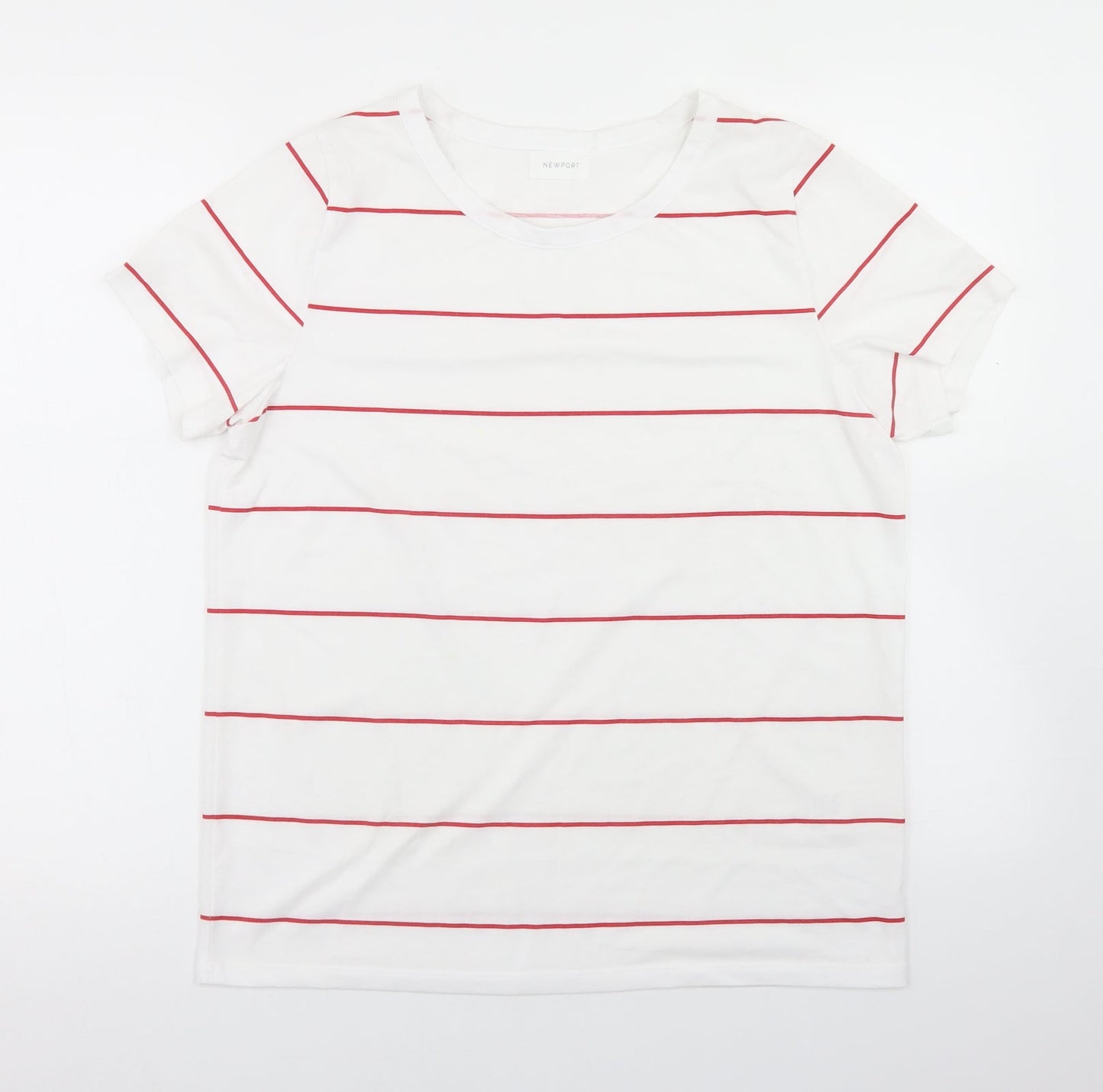 Newport Womens White Striped Polyester Basic T-Shirt Size M Round Neck