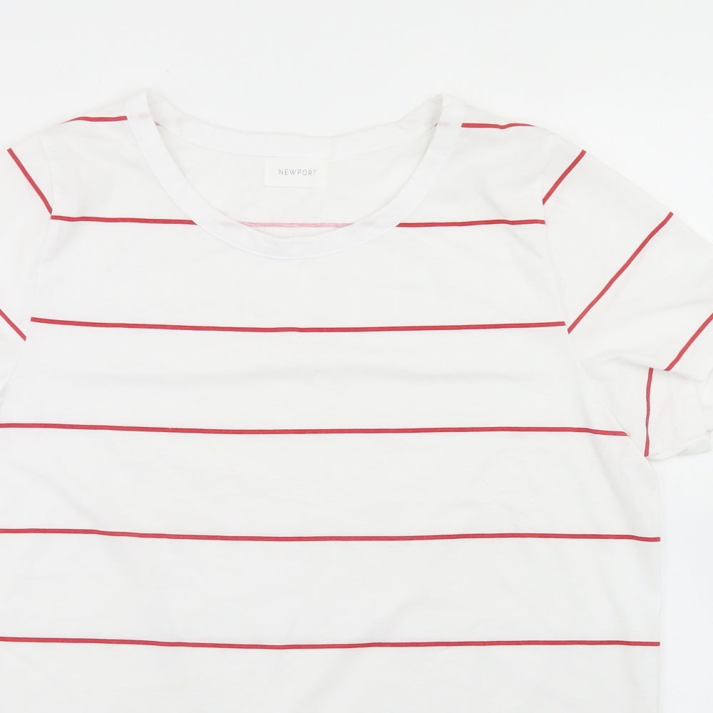 Newport Womens White Striped Polyester Basic T-Shirt Size M Round Neck
