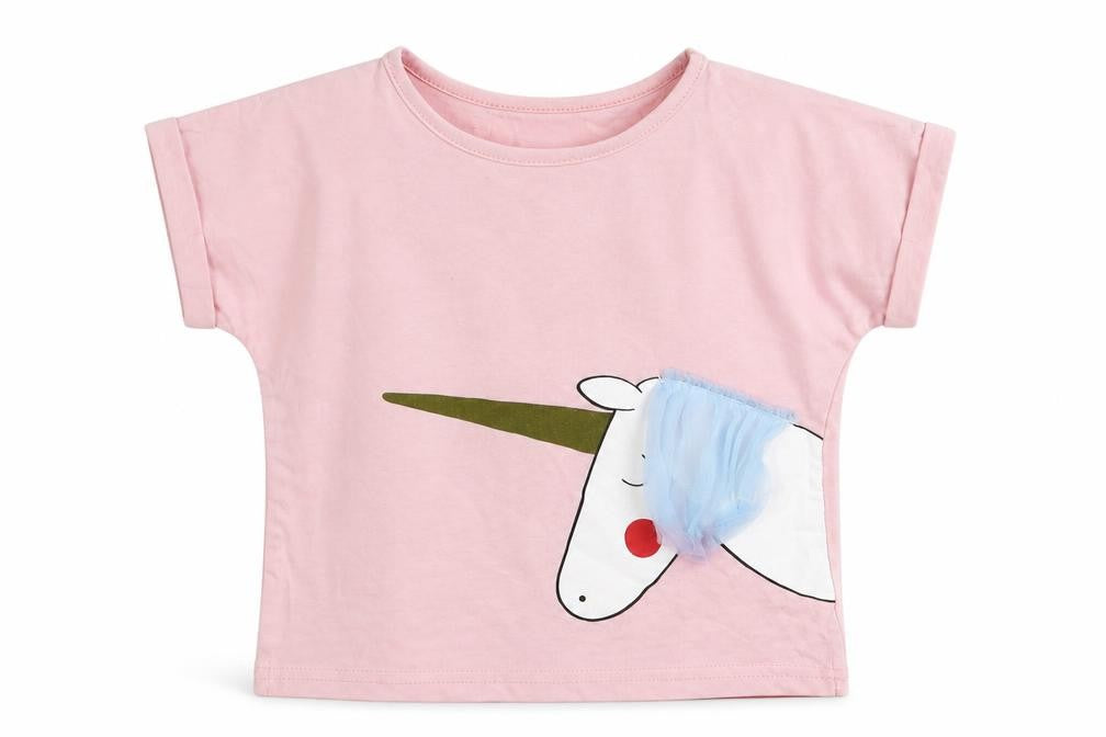 Front view of NNJXD girls’ pink 100% cotton basic t-shirt, size 10-11, years round neck - unicorn