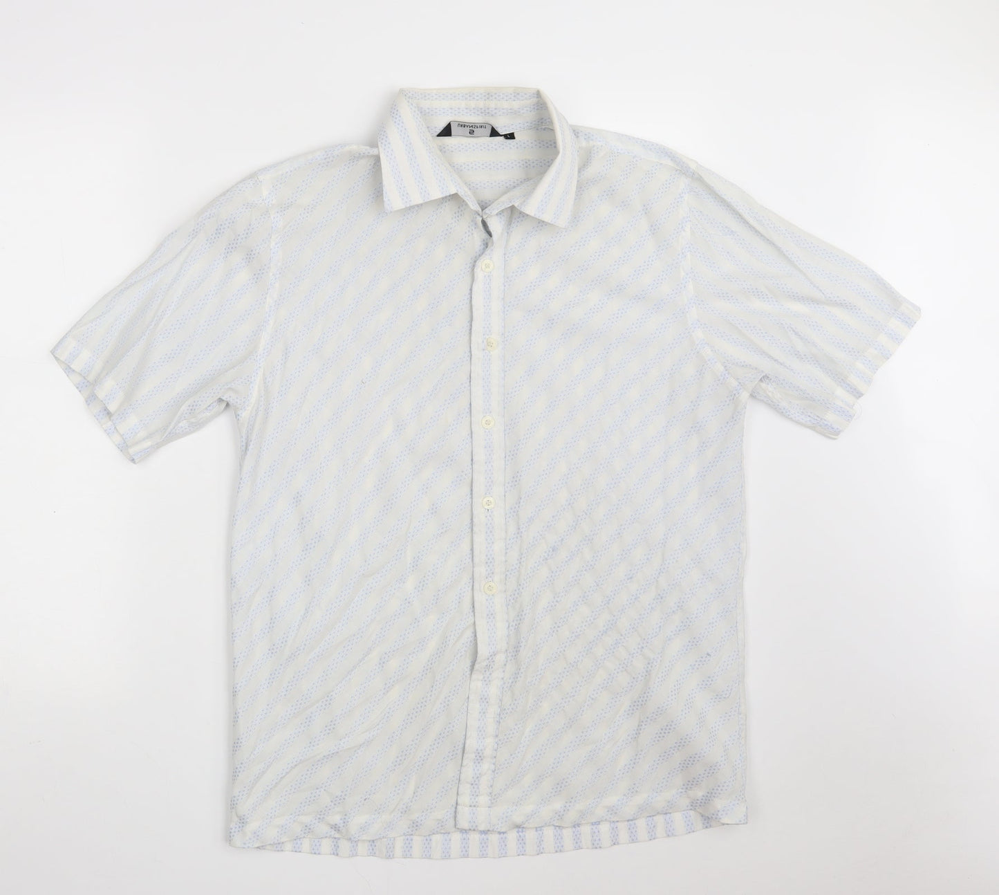 UrbanSpirit Mens White Striped Polyester  Button-Up Size L Collared Button