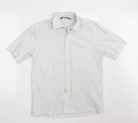 UrbanSpirit Mens White Striped Polyester  Button-Up Size L Collared Button