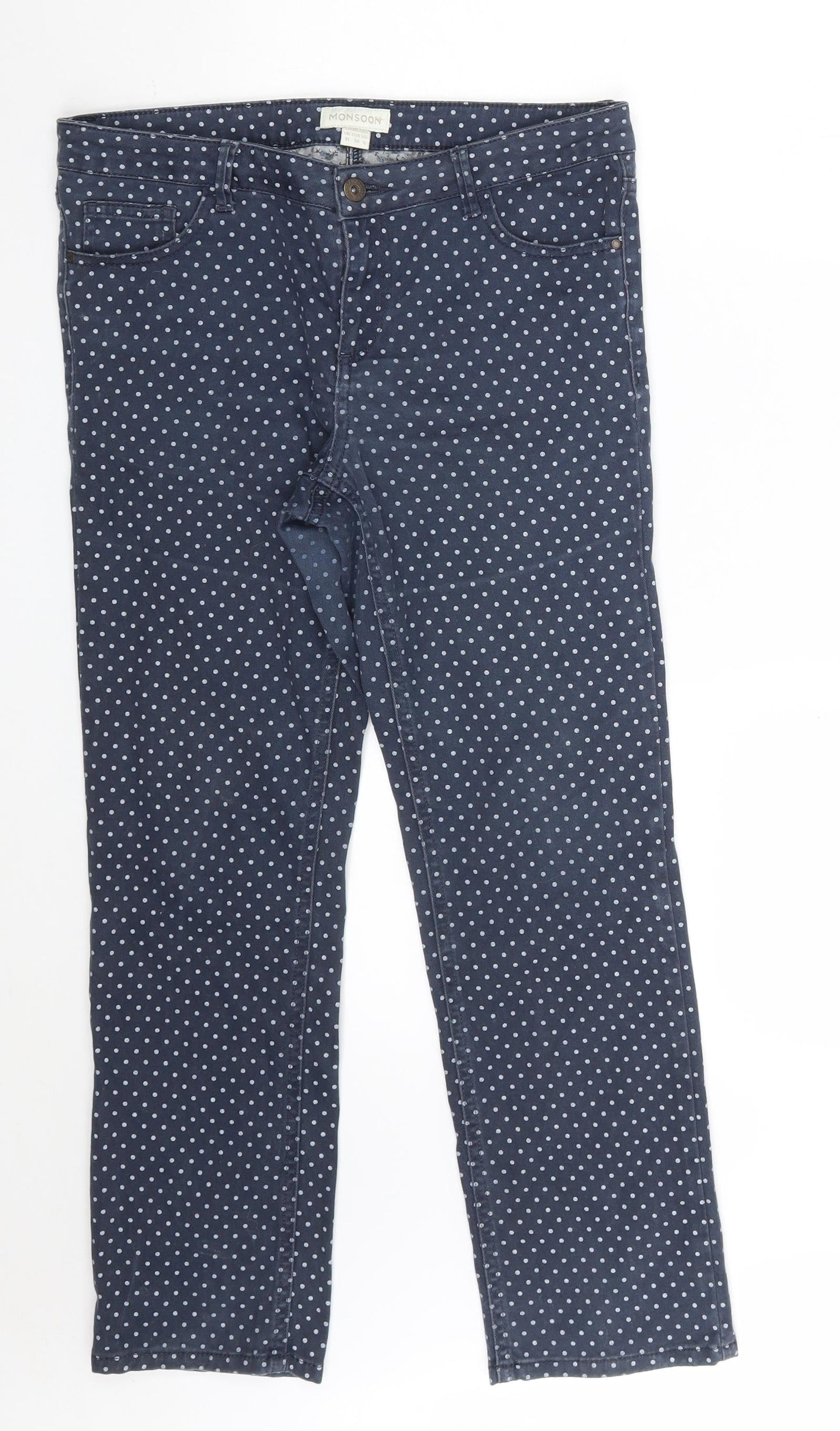 Monsoon Womens Blue Polka Dot Cotton Straight Jeans Size 10 L26 in Slim Zip
