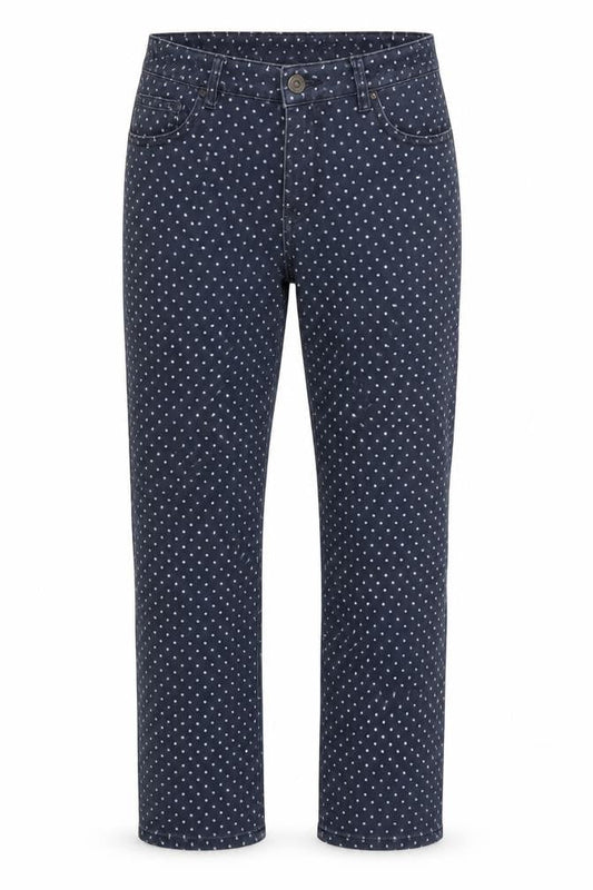 Front view of Monsoon women’s blue polka dot cotton straight jeans, size UK 10, 26-inch leg slim zip