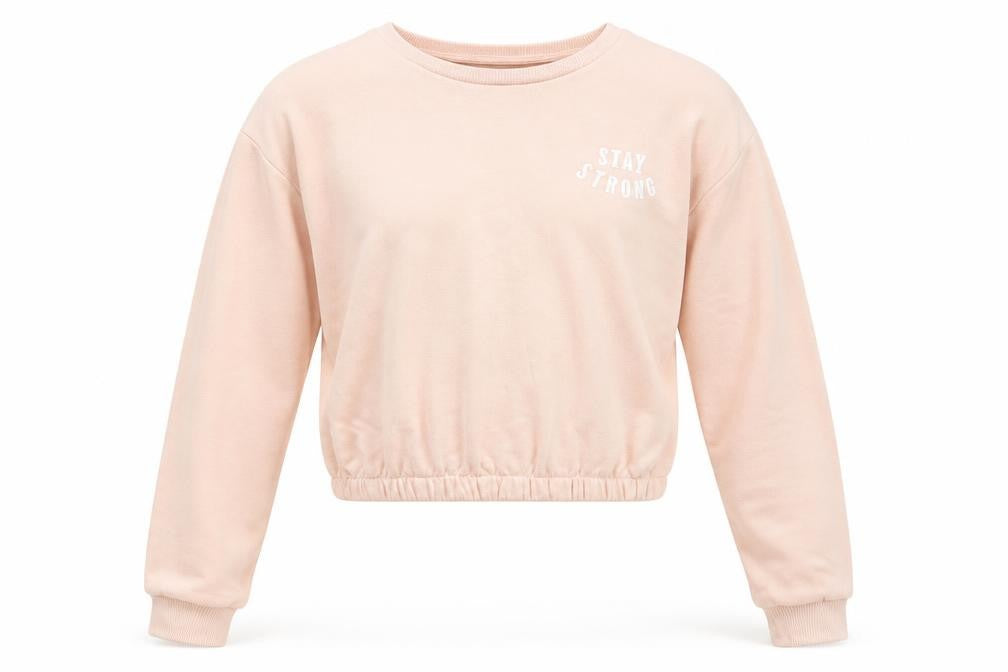 Front view of E-vie girls’ pink polyester pullover sweatshirt, size 11-12, years - stay strong