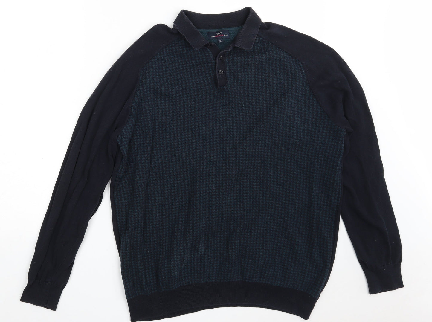 Easy Mens Blue Collared Houndstooth Cotton Pullover Jumper Size XL
