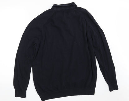 Easy Mens Blue Collared Houndstooth Cotton Pullover Jumper Size XL