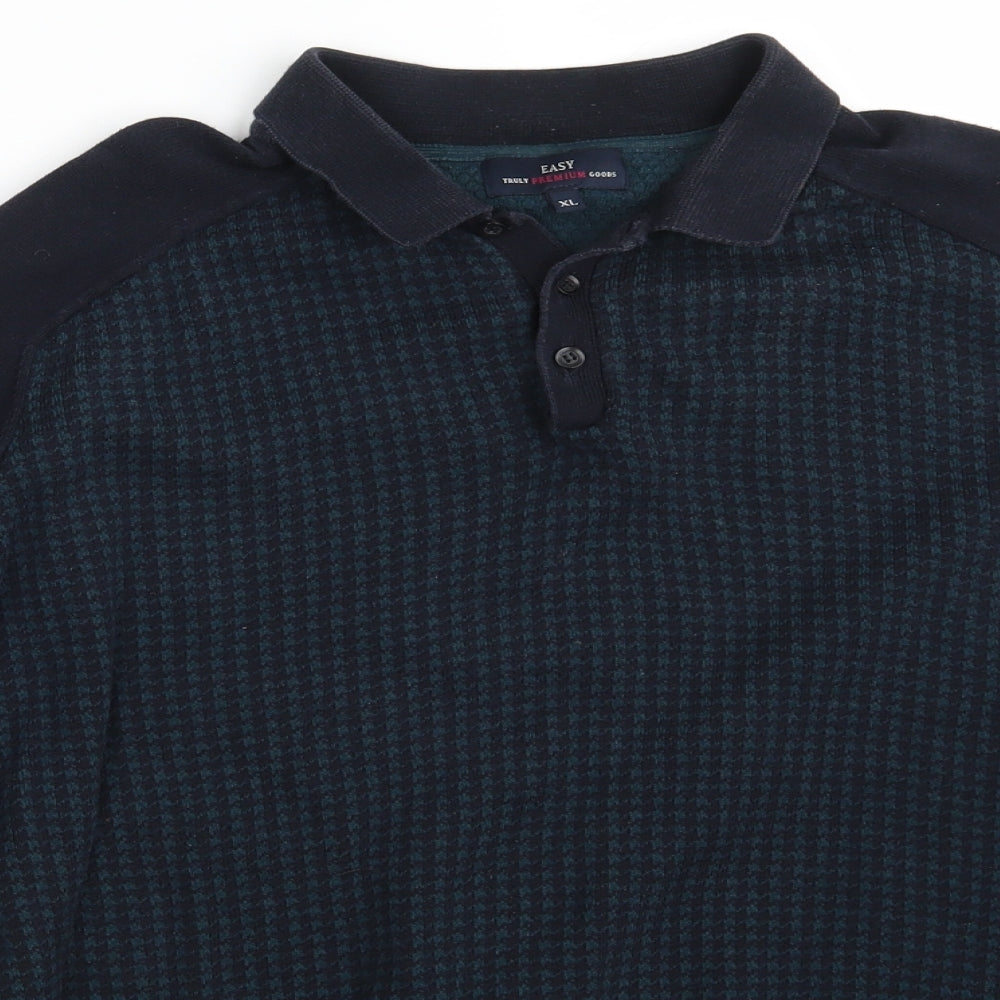 Easy Mens Blue Collared Houndstooth Cotton Pullover Jumper Size XL