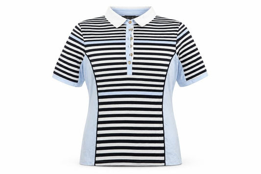 Front view of Basler women’s blue striped cotton jersey t-shirt, size UK 14, henley