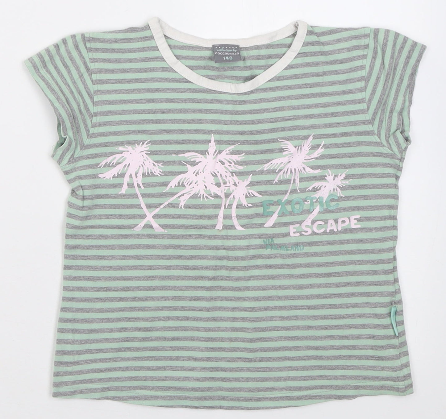 Cocco Drillo Girls Green Striped Cotton Basic T-Shirt Size 10 Years Crew Neck Pullover