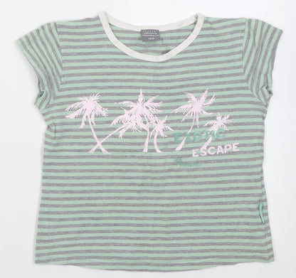 Cocco Drillo Girls Green Striped Cotton Basic T-Shirt Size 10 Years Crew Neck Pullover