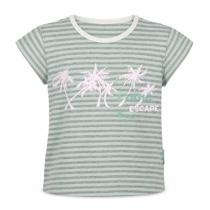 Front view of Cocco Drillo girls’ green striped cotton basic t-shirt, size 10, years crew neck pullover