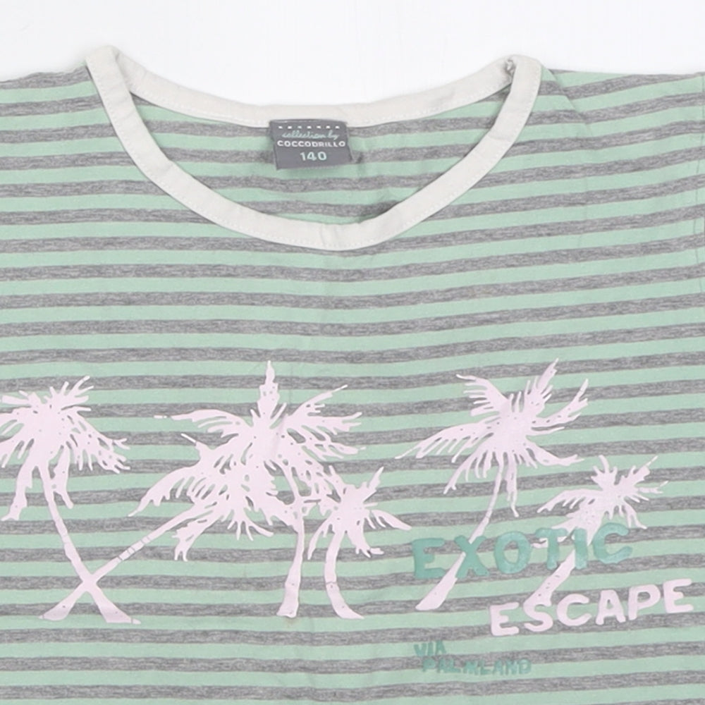 Cocco Drillo Girls Green Striped Cotton Basic T-Shirt Size 10 Years Crew Neck Pullover