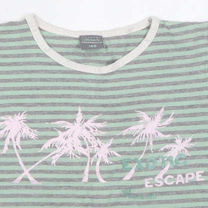 Cocco Drillo Girls Green Striped Cotton Basic T-Shirt Size 10 Years Crew Neck Pullover