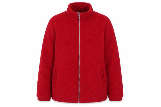 Front view of Casual Comfort women’s red jacket, size S, zip