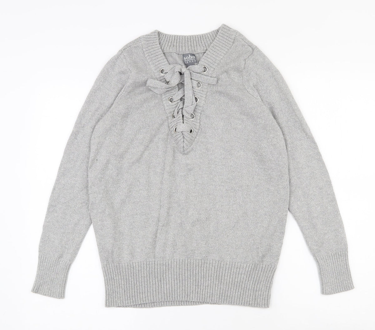 Additional front view of SOHO women’s grey v-neck cotton jumper, size UK 10