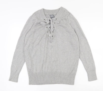 Additional front view of SOHO women’s grey v-neck cotton jumper, size UK 10