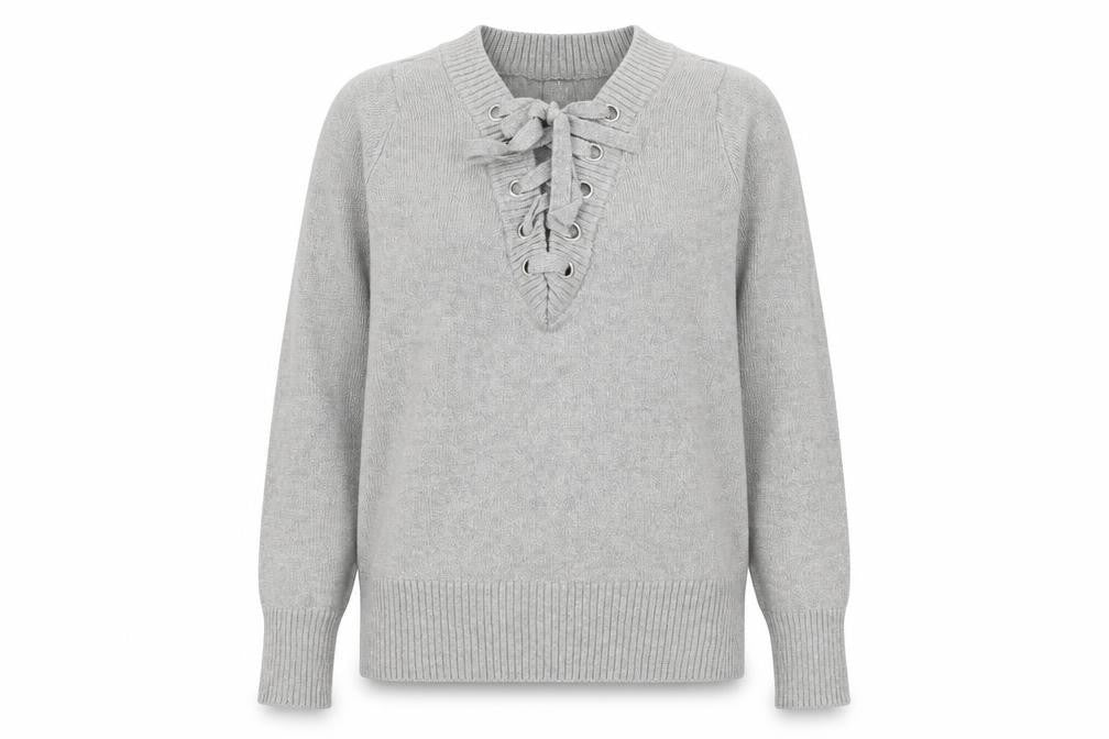 Front view of SOHO women’s grey v-neck cotton jumper, size UK 10
