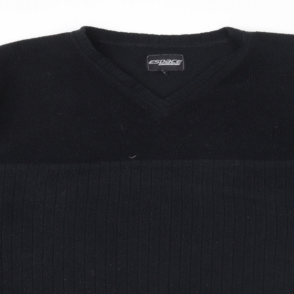 Close-up detail of Espace men’s black polyester pullover sweatshirt, size M