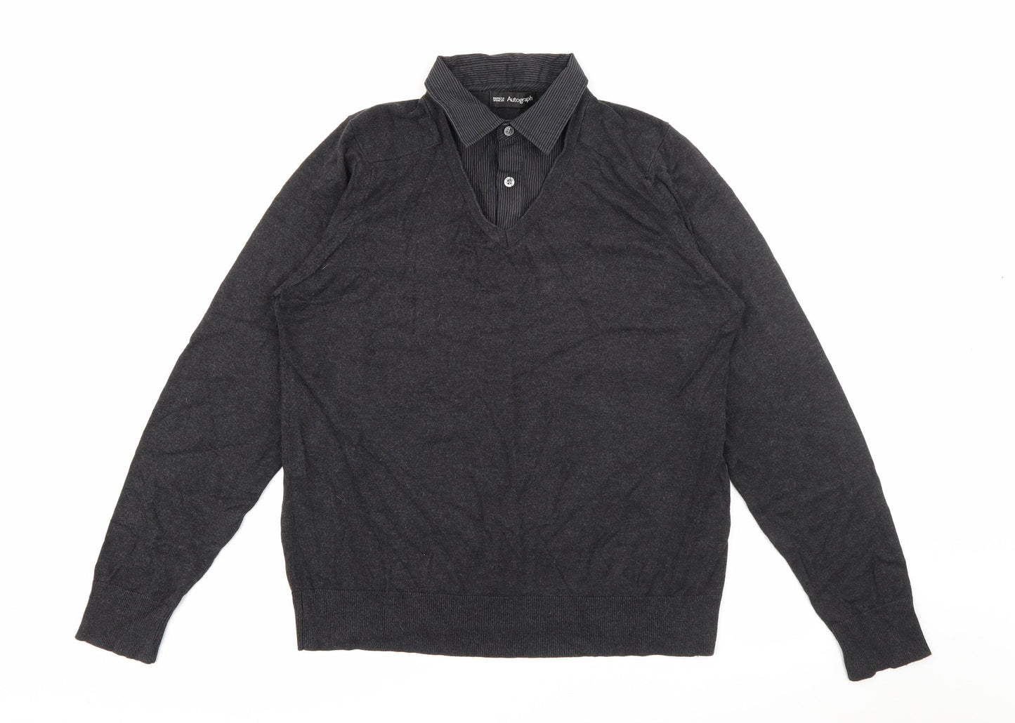 Marks and Spencer Mens Grey V-Neck  Cotton Pullover Jumper Size M