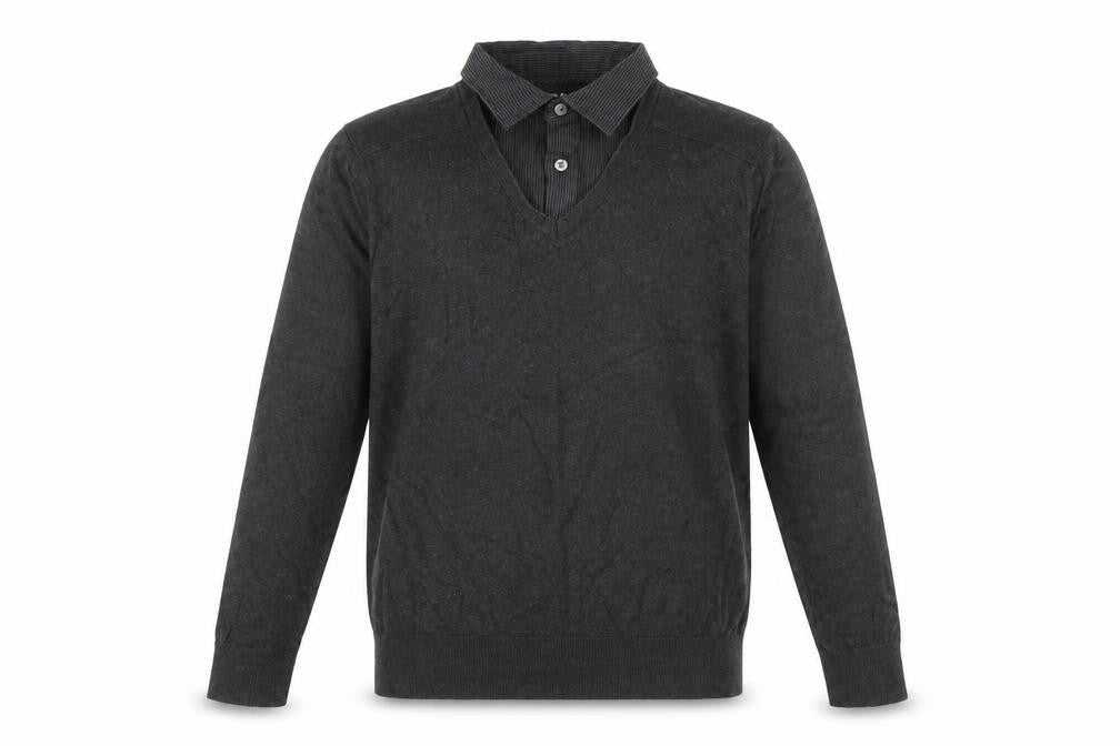 Front view of Marks & Spencer men’s grey v-neck cotton jumper, size M