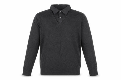 Front view of Marks & Spencer men’s grey v-neck cotton jumper, size M